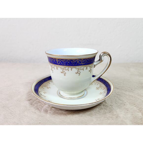 Regal China Tea Cup & Saucer Blue Gold Trim 40's Porcelain Occupied Japan Vtg - Picture 1 of 15